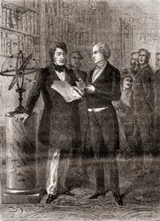 Urbain Jean Joseph Le Verrier, rechts, empfangen von König Louis-Philippe, links, in den Tuilerien, Paris, Frankreich, nach seiner Entdeckung des Planeten Neptun im Jahr 1846, aus Les Merveilles de la Science